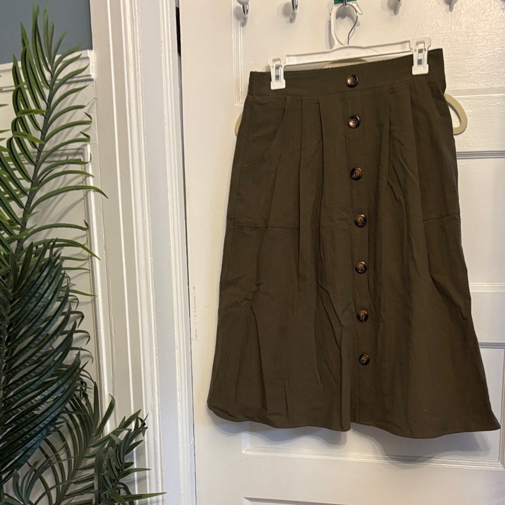 Olive Button-Down Midi Skirt